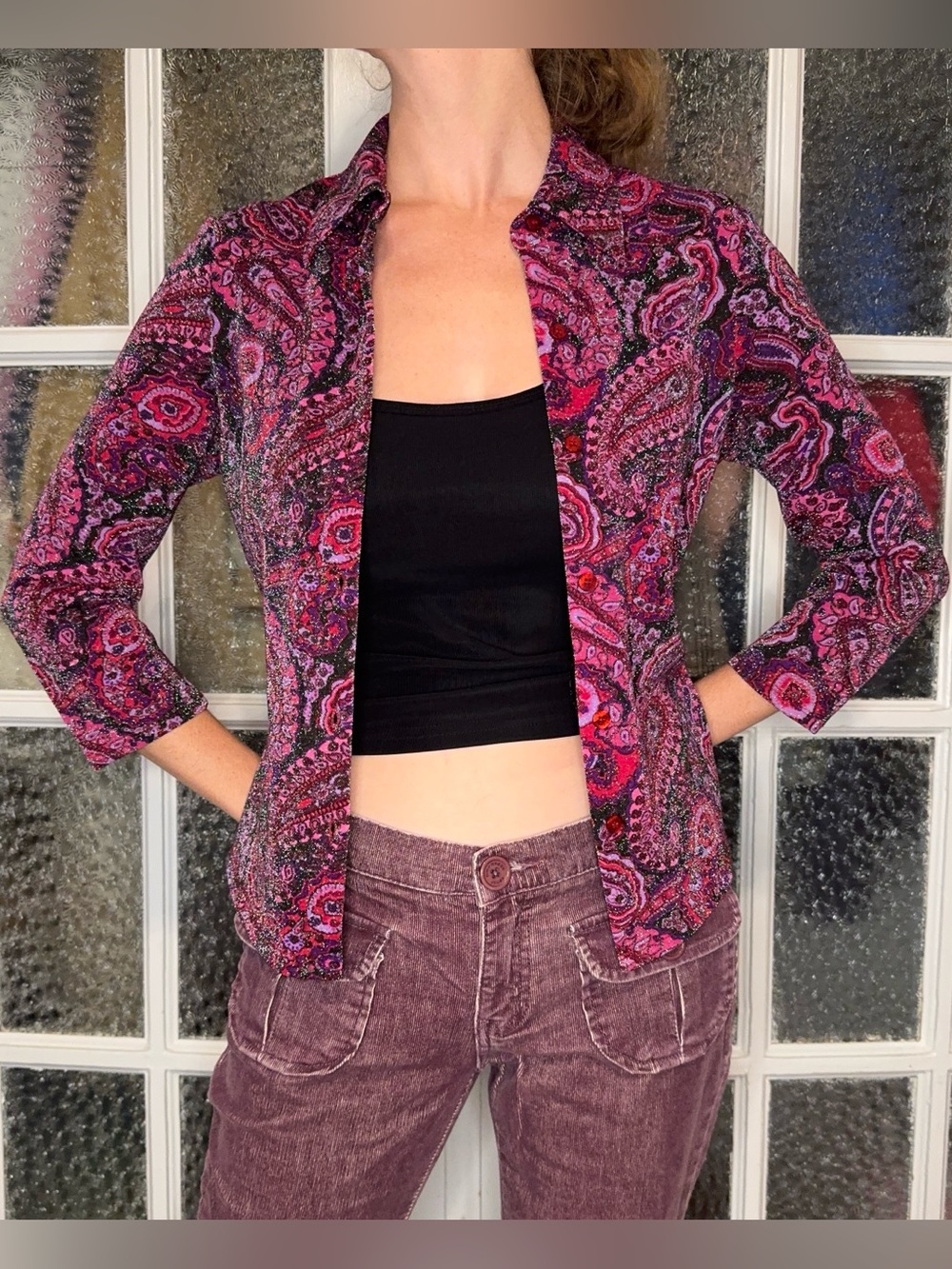 Women's Pink Paisley glitter button down blouse